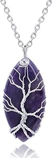 Thajaling Vintage Amethyst Reiki Healing Crystal Pendant Necklace Silver Tree of Life Wire Wrapped Purple Stone Gemstone Chakra Necklace