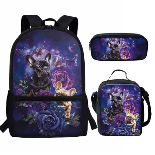 HUGS IDEA French Bulldog Floral Print School Backpack Kids Set Bookbag with Lunch Tote Bag and Pencil Case for Middle Elementary Preschool Students Supplie