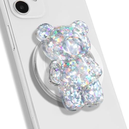 On The Grip Magnetic 3D Gummy Bear Style Expandable Collapsible Mobile Phone Grip Stand Holder for Smartphone Tablet Cell Phone Accessory (Silver Glitter)