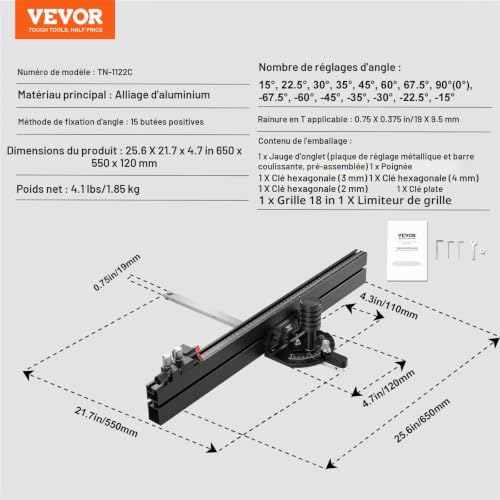 VEVOR Jauge à onglets de précision, fente standard 19x9,5 mm, jauge à onglets pour scie de table alliage d'aluminium, avec grille 24'', piston à ressort réglable, disque amovible pour travail du bois – vue 7