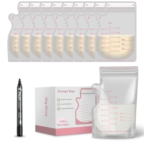 zilSquare 120 count Breastmilk Storage Bags 8.5 Ounce Easy Pour Storage Bags Leak Free Double Zipper Seal Hygienic Freezer Safe 250ml Milk Storage Bags Ready to Use Value Pack (120Pcs)