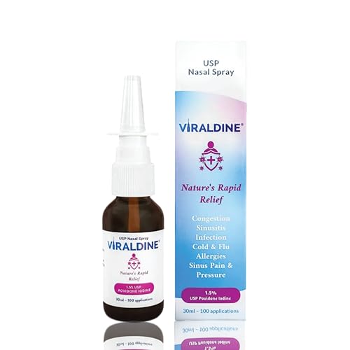 VIRALDINE 1.5% Povidone-Iodine Nasal Spray Rapid Relief Formula Helps with Daily Congestion 100 Applications 30ml