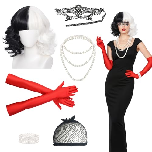 Cruella Kostüm Damen Schwarz Weiß Perücke Set mit Handschuhen Spitzenmaske Perlenkette Armband Gehstock Perückenmütze Halloween Faschingskostüme Damen Mädchen für Karneval 70er Jahre Mottoparty