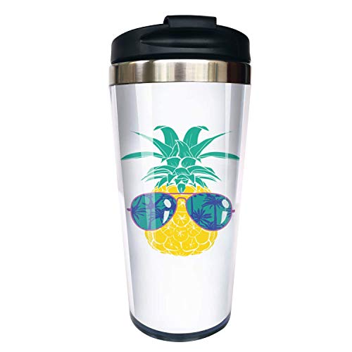 Hasdon-Hill Reisebecher mit Ananas-Motiv und schwarzem Deckel, Edelstahl, für Damen und Herren, Geschenk zum Geburtstag, Freunde, 340 ml Cover
