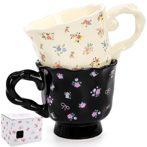 Image of Hiceeden Set of 2 Vintage Flower Coffee Mug, 14 oz Cute Ceramic Floral Coffee Cup, Unique Teacups Coffee Mugs with Base for Milk, Latte, Cocoa, Gift for Women, Black & Beige