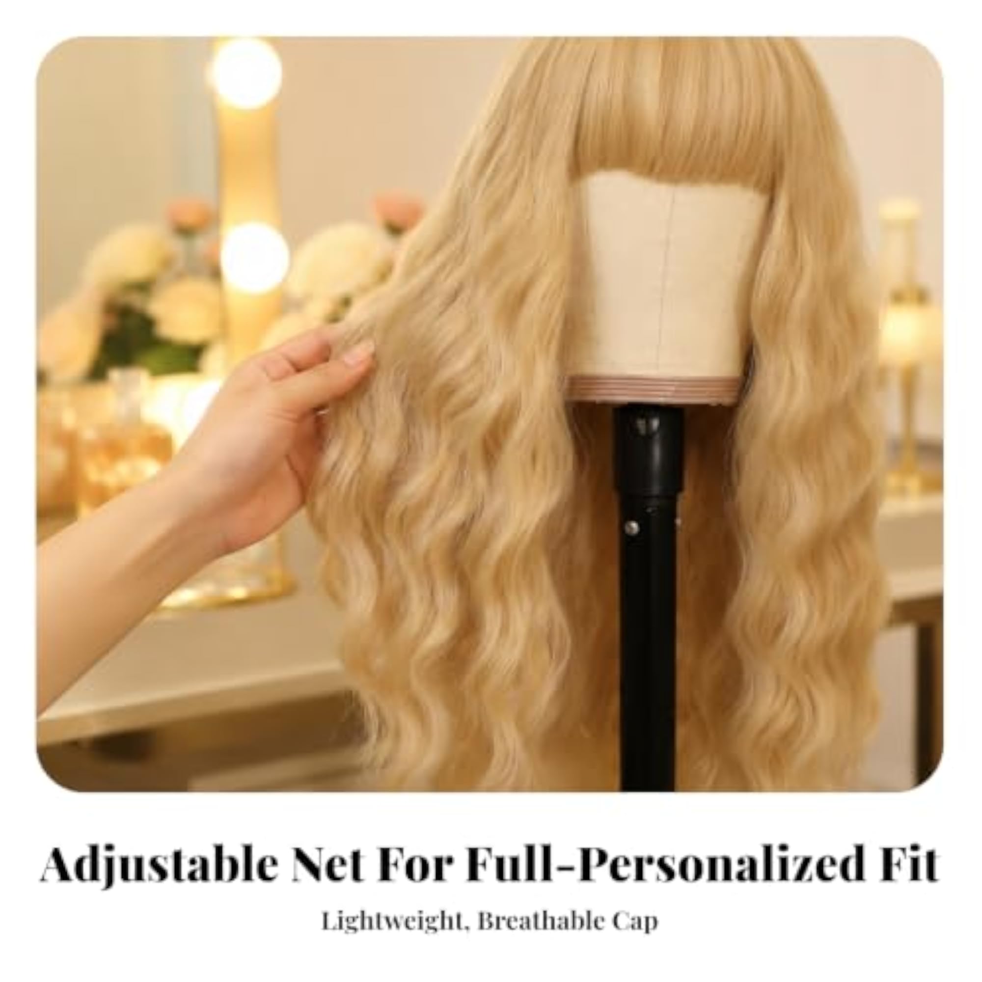 Women's Heat-Resistant Long Wavy Hairpiece with Bangs, Off-White