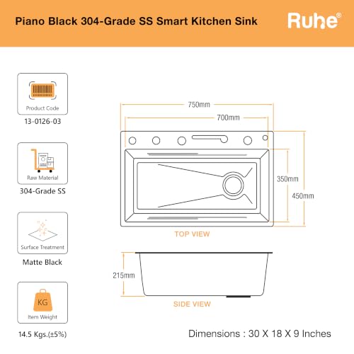 Image of Ruhe Piano Black Smart Waterfall Kitchen Sink | 30x18x9 inches | Digital Display, Pull-Out Faucet & RO Tap | 304-Grade Stainless Steel Single Bowl Sink | Automatic Cup Washer | Multi-Functional Sink
