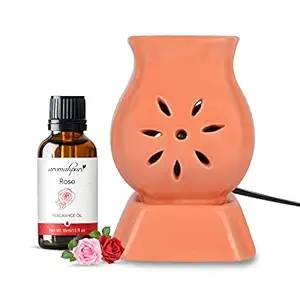 Aromahpure Peach Electric Ceramic Flower Pot Design Diffuser 15 ml Fragrance Oil | Charming Rose | Scented Diffuser | Elegant Diffuser for Home, Mandir, Office, Desk Decoratives, Gifting