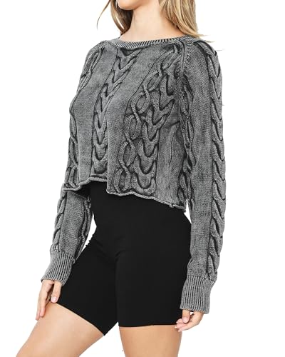 Women's Cable Knit Sweater - Cropped Top Mineral Washed Cotton Pullover, Long Sleeve2