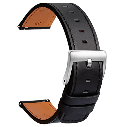 TStrap Leder Uhrenarmband 22mm - Weich Schwarz Quick Release Uhrenarmbänder Ersatz Schnellverschluss - Sport Uhrenarmband für Herren Damen - Smartwatches Armband Haspe Schließe - 18mm 19mm 20mm 21mm