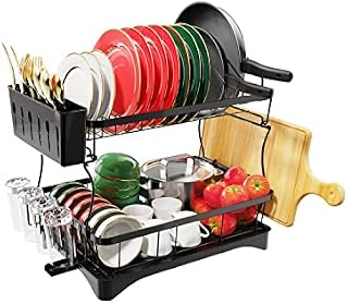 Golden Bell Dish Drying Rack Dish Drainer Rack 2 tier Large Capacity Cutlery Drainer with Draining Board for Kitchen (Black)