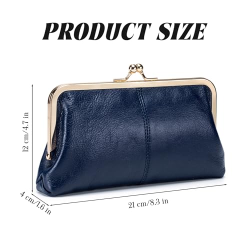 1PC Kiss Lock Wallet for Women, Leather Vintage Wallet with Zipper Coin Pocket, Multi-card Slots Card Holder, Dark Blue.2