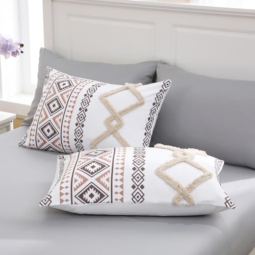 Image of MOVE OVER Tufted Comforter Set King Size Boho Comforter Set 7 Pieces Bed in a Bag King 100% Soft Microfiber Aztec Comforter Set Shabby Chic Farmhouse Style Beige and Gray Fluffy Tufted Bedding Set