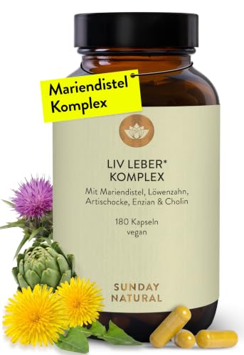 SUNDAY NATURAL Mariendistel Artischocke Löwenzahn - 180 Cholin Kapseln - Leber Komplex mit 80% Silymarin & 100mg Cholin - Hochdosiert vegan laborgeprüft in Deutschland
