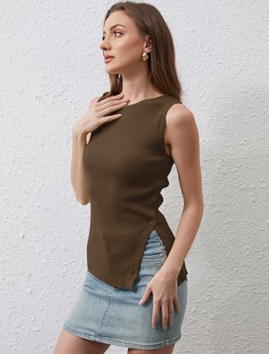Women Asymmetrical Button Sweater Vest Sleeveless Side Split Rib Knit Slim Fit Sweater Tank Top Summer Pullover Top3