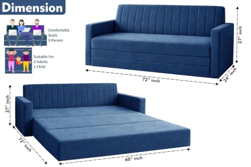 Image of Sofa-Cum-Bed | Three-Seater Sofa Bed Couch with Armrest | Modern Fabric Sofa for Living Room, Bedroom & Office-Blue-Color