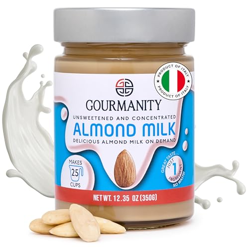 Gourmanity Almond Milk Concentrate - 100% Smooth Almond Base, Makes 25 Cups on Demand, Add to Cereal, Coffee & Smoothies, Shelf-stable, Halal, Kosher, and Non-GMO (12.35oz/350g)