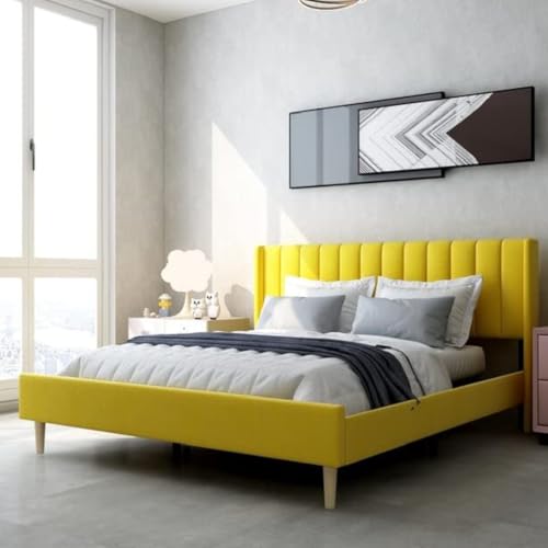 Image of Low Profile Upholstered Platform Bed with Winback Headboard | Bed Queen Size | Bed for Bedroom, Living Room | Bed Without Storage | Mattress not Included | Fabric Color:- Yellow