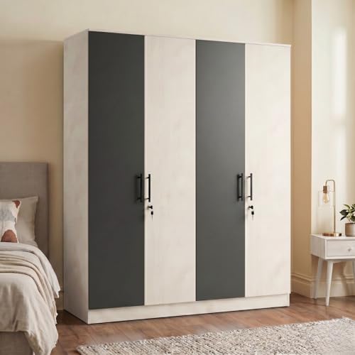 Image of FFO Tokyo 4 Door Wooden Wardrobe for Bedroom with Hanging Rod, Shelves & Lock | Modern Clothes Storage Almirah /Cabinet with Black & White Wood | Wardrobe Organizer for Clothes, Dresses DIY.