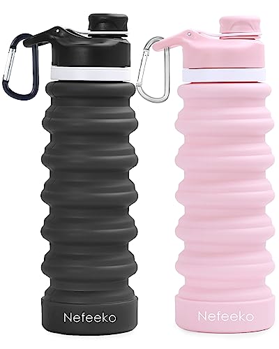 Nefeeko Botella de agua plegable, paquete de 2 botellas de agua plegables de silicona de 26 onzas, a prueba de fugas, sin BPA, botellas de agua de viaje con mosquetón, botellas de agua deportivas