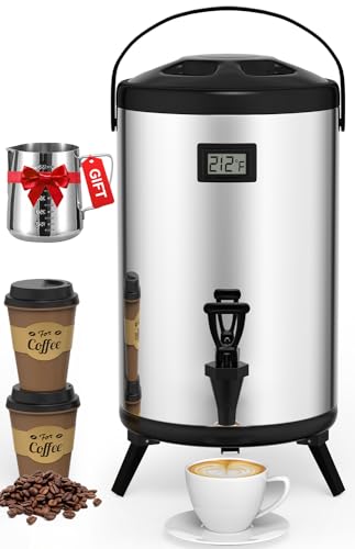 Insulated Beverage Dispenser 3 Gal, 304 Stainless Steel Hot Drink Dispenser, Hot Water Dispenser for Parties, Hot Water Urn with Stand for Coffee Chocolate Tea, Silver, Non-electric-N5