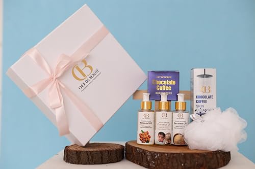 Image of CDB's Exfoliation, Glow, Festive, Diwali Gift Box | Moisturizing Coffee Body Scrub with Organic Avocado Oil & Body Wash Set with Loofah | Pure Wood Pressed Coconut Oil, Almond Oil, Sesame Oil
