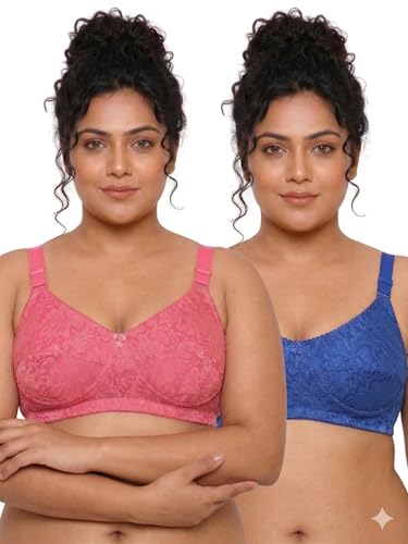 Image of INKURV Full Coverage Bra Set for Women | Ideal for Heavy Breast| Non-Padded Anti Sagging Bust Uplift| Stylish net Innerwear for Ladies- Erin (Combo of 2)