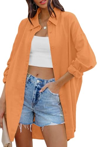 Image of FSHAOES Womens Oversized Button Down Shirts Casual Loose Long Sleeve Solid Lapel Long Blouses Tops with Pockets
