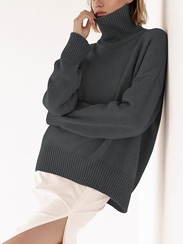 Image of YKR Women's Turtleneck Sweater Chunky Long Sleeve Knitted Pullover High Low Hem Trendy 2026 Fall Winter Basic Jumper Top