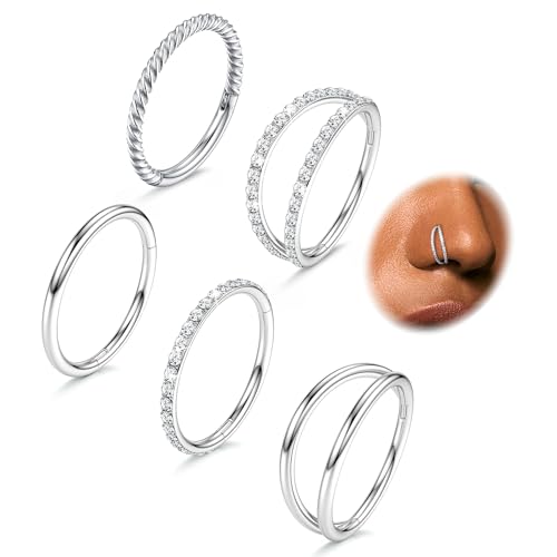 CASSIECA 5Pcs 18G 16G Surgical Steel Nose Rings Hoop for Women CZ Clicker Hinged Septum Ring Lip Helix Cartilage Double Hoop Earring Daith Rook Conch Body Piercing Jewelry for Women 8mm 10mm