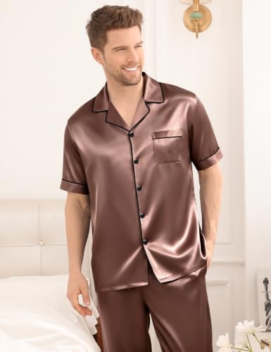Image of SWOMOG Mens Satin Pajama Set Short Sleeve Classic Sleepwear Button Down Silky Loungewear with Long Pants