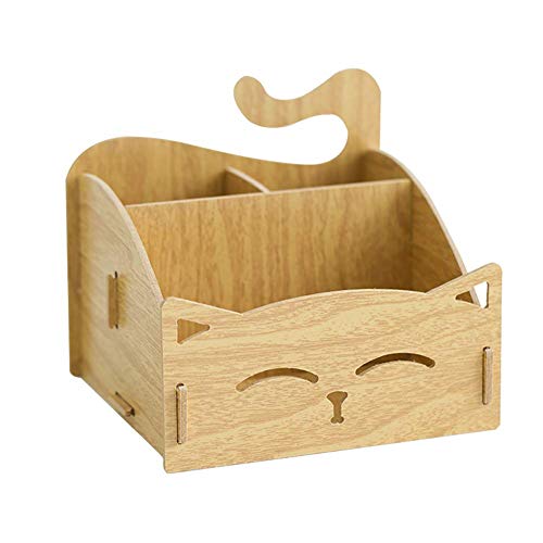 xiegons0 Escritorio Madera Pluma Soporte, Gato Forma Pluma Soporte Escritorio Organizador Caja Papelería Maquillaje Almacenamiento para Hogar y Oficina - Madera Grano, Free Size Cover