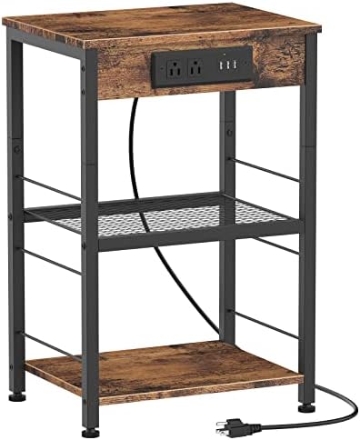 Nightstand with Charging Station End Table with USB Ports and Power Outlets Side Tables Bedroom with Storage Shelves Industrial End Table 3 Tier USB Bedside Tables in Living Room Farmhouse Brown