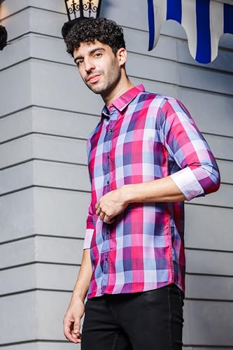 Image of IndoPrimo Men's Cotton Shirt with Spread Collar Neck Line Checks Printed Pattern Half Sleeves Regular Fit Western Style and Standard Length