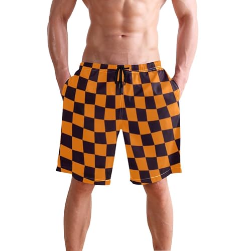 Orange and Black Checkered Plaid Board Shorts Men with Pockets Shorts with Compression Liner 8”/ 9” Long XL Plus Size Beach Volleyball2