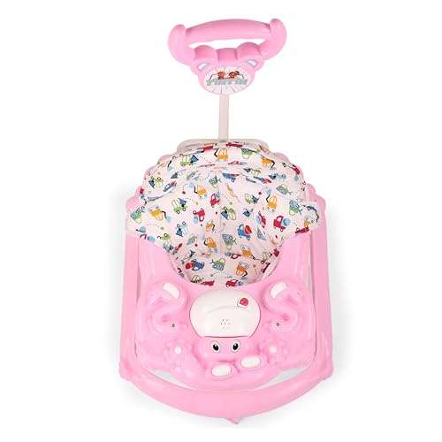 Image of BabyGo Tintin Baby Walker for 6-24 Months, Baby Walker with Push Handle & Activity Tray - Foldable Adjustable Height Infant Walker with Wheels, Music,Toy Bar and Comfotable Seat (Pink)