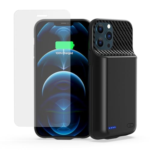 ZIKIHAA Battery Case for iPhone 12 12 Pro (6.1 inch) Upgrade 13800mah Portable Slim Battery Charging Case Rechargeable Charger External Charging Case with Tempered Glass Screen Protector Black