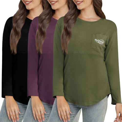 Image of Women's Nursing Tops Long Sleeve 3 Pack Pregnancy Breastfeeding Shirts with Hidden Zipper Maternity Tees with Pocket