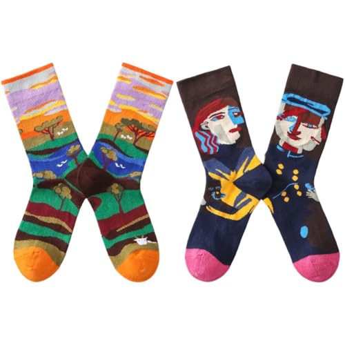 Bemvp 2 Paia di Calzini con Pittura a Olio, Calzini Casual a Tubo Medio, Divertenti Calzini Estetici per Uomo O, Sport all'Aria Aperta, Escursionismo