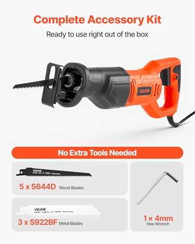Image of VEVOR 6 Amp Corded Reciprocating Saw, 3 /4 inch Stroke Length, Power Reciprocating Saw with Variable Speed, 3000 SPM, 8 Blades & Bag Included, for Wood, Metal, and Plastic Cutting