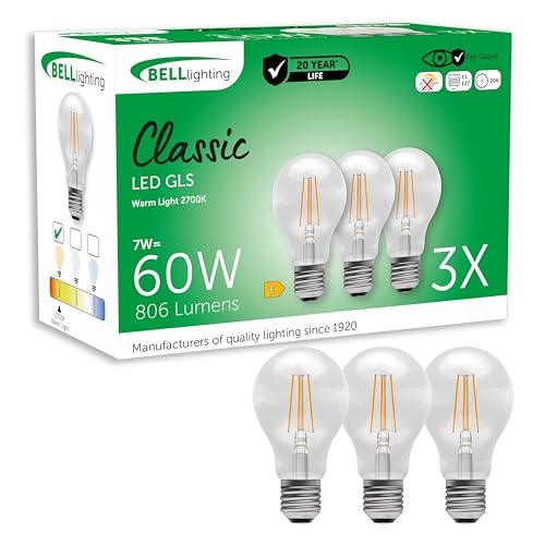 BELL Lighting E27 Edison Screw Cap Filament Light Bulb LED GLS 3 Pack | Warm White 2700K | 810 Lumen 7 Watts | Energy Saving GLS LED Light Bulb | 60W Lamp Equivalent | Non-Dimmable