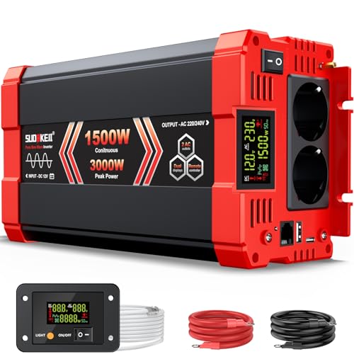 Sudokeji - Transformador de 1500 W, 12 V, 220 V, puro, inversor con 2 tomas de CA, puerto USB, mando a distancia, pantalla LCD, para sistemas solares, coche, camping, viajes