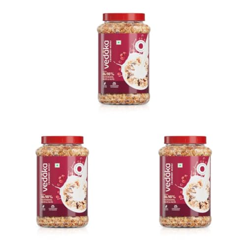 Image of Amazon Brand - Vedaka Cranberry Muesli 1 kg Jar | Contains 86.98% Dry Fruits, Nuts and Multigrains | Loaded with Cranberries | Source of Fiber | No Added Preservatives | Breakfast Cereal (Pack of 3)