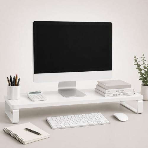 Image of Decorlay Engineered Wood Monitor Stand Riser for Desktop Computer & Laptop | Heavy Duty White Metal Frame | Ergonomic Monitor Shelf with Keyboard Storage | Space Saving Desk Organizer | Full White