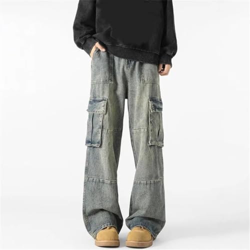 Men's Baggy Straight Cargo Jeans Vintage Denim Pants Fashion Multi Pocket Design Leisure Trousers2