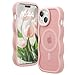 Amzfield Magnetic for iPhone 15 Case, Compatible with Magsafe Wavy Frame Cute Design Translucent Matte Hard Back Silicone Bumper Shockproof Protective Phone Case for iPhone 15 Women Girls, Pink