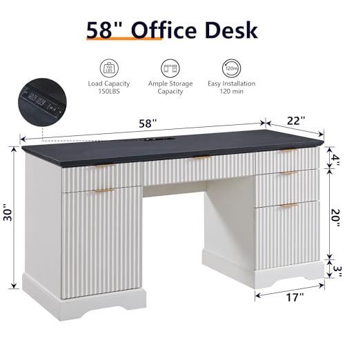 Image of 58 inch Modern Executive Desk with 5 Drawers & 1 Cabinet, Built‑in Outlet | Fluted Computer Writing Desk for Study, Living Room, Bedroom, Antique White