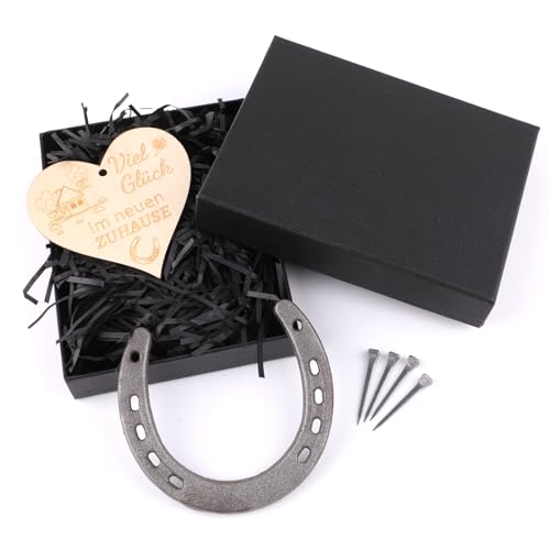 Hufeisen Geschenk, Glücksbringer Hufeisen Einweihungsgeschenk mit Hufeisen,4 Nägel, Anhänger Holz Herzschild, Raphia，Personalisiert viel Glück Geschenke für Hochzeit oder Einzug