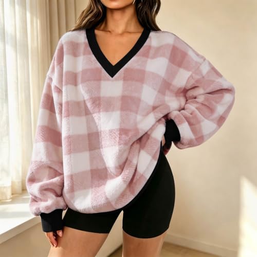 Pink Sweatshirt for Women Flannel Plaid V Neck Oversized Pullover Tops - image 6
