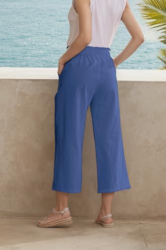 Image of LNX Womens Linen Capri Pants Wide Leg High Waisted Drawstring Casual Cropped Pants with Pockets